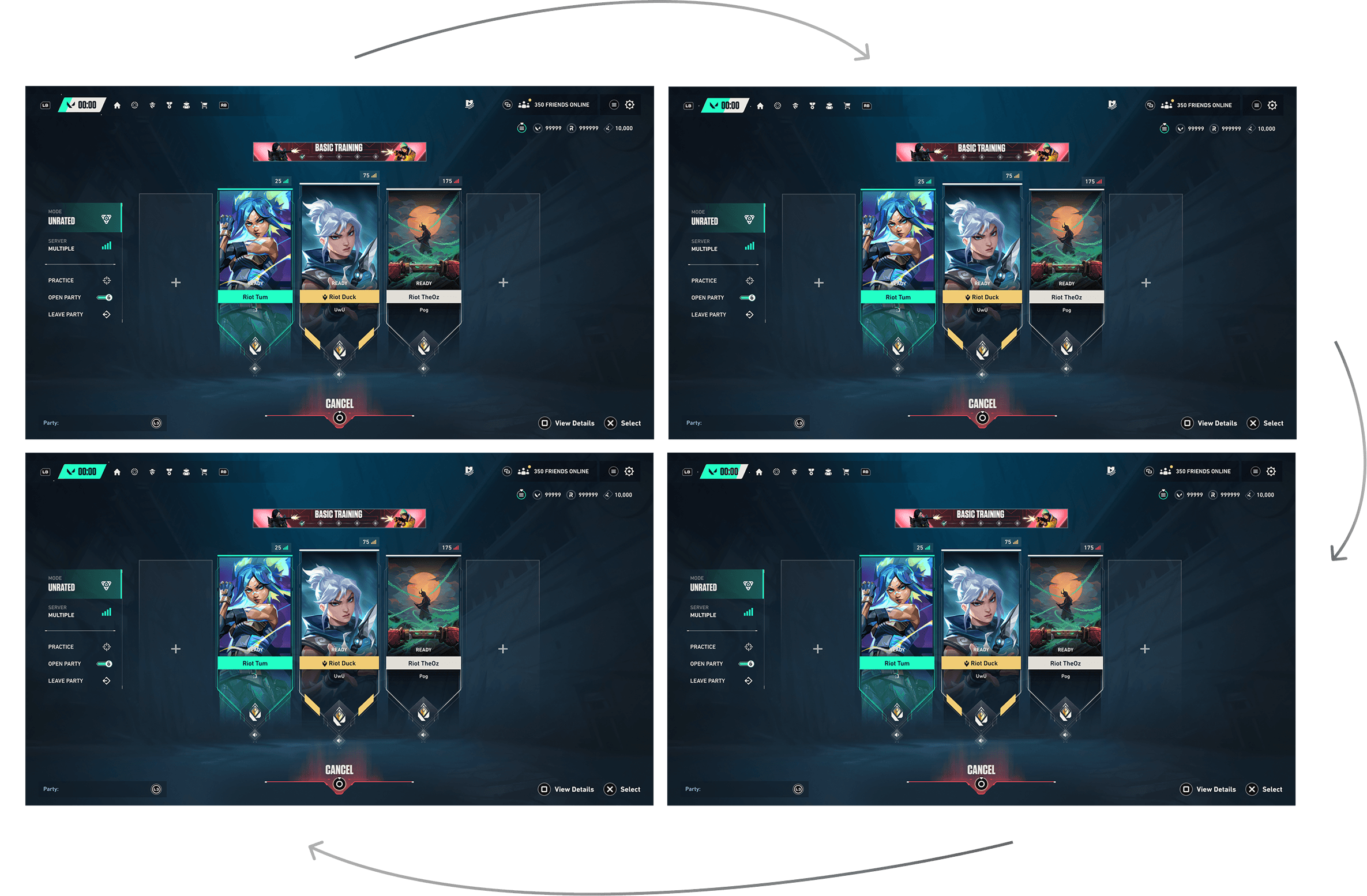 Lobby party flow — cursor path across cancel and details