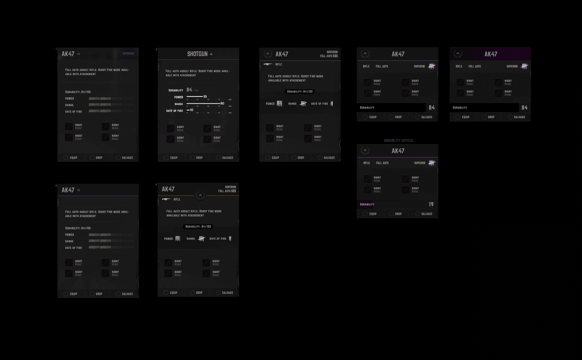 Back 4 Blood — Weapon info card layout iterations