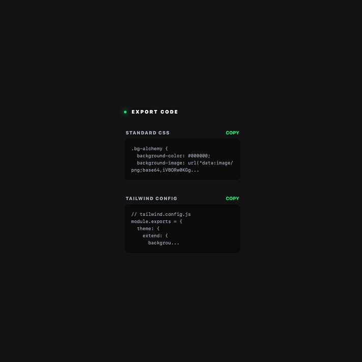 Tile Alchemy — export code: Standard CSS and Tailwind config